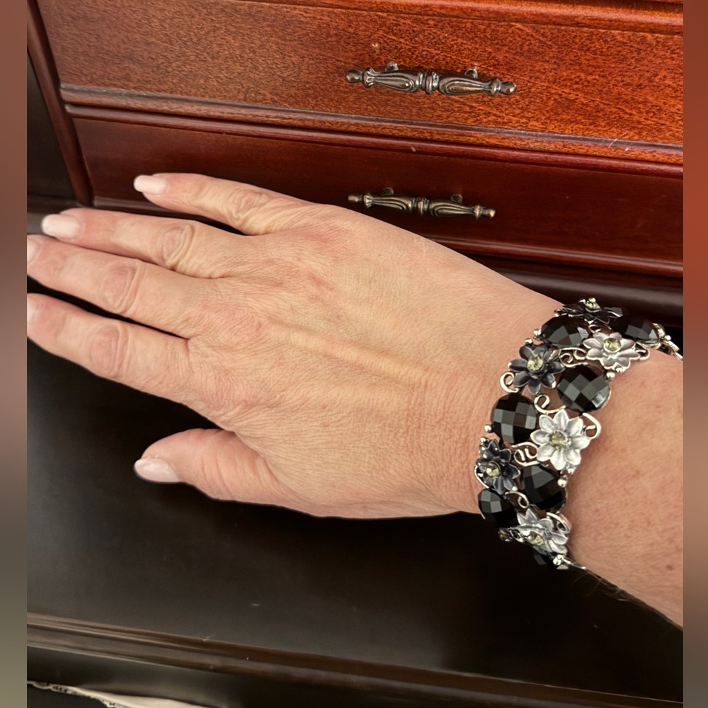 Black and Silver Beaded Bangle Bracelet